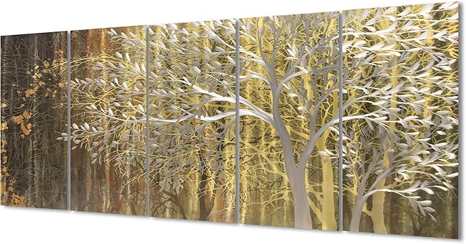 RICHSPACE ARTS Gold Metal Tree Wall Decor Large Modern Nature Landscape Paintings Wall Art 3d Metallic Sculpture Contemporary Artwork with Metal Texture for Living Room Dining Room