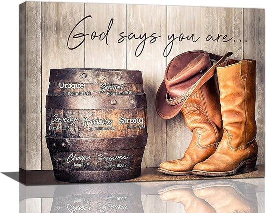 God says you are decor wall art western cowboy canvas Pictures cowboy boots Wall Decor Christian Canvas Prints Painting Framed Artwork for Bathroom living room Bedroom 16"x12"