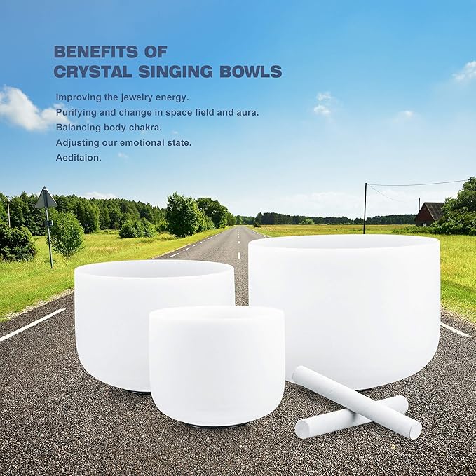 Ryan Dvan 7-11 Inch Set of 3 Frosted Quartz Crystal Singing Bowl Chakra Set with Free Carrying Case and Suede Strikers