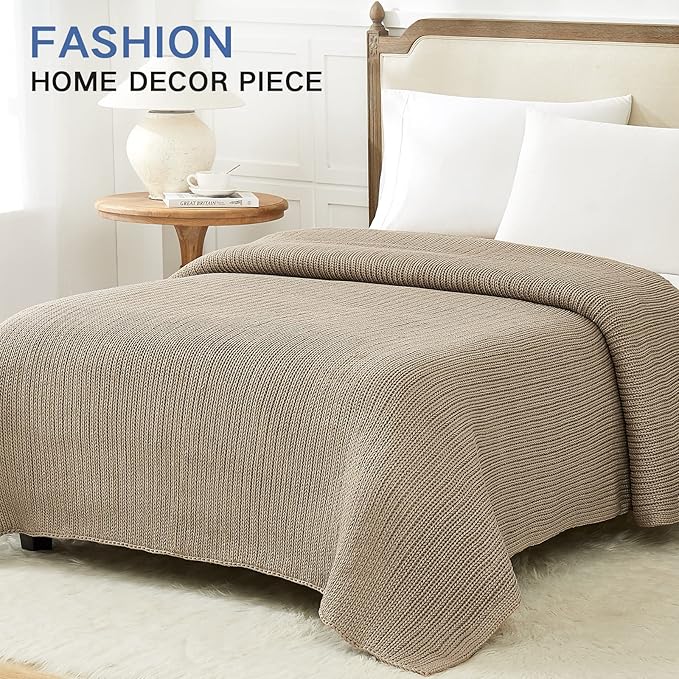 Guohaoi Knitted Weighted Blanket for Adults (Beige 60"x80" 17lbs) No Beads Cooling Throw Blanket for Hot Sleepers, Home Decor Breathable Chunky Knit Heavy Blanket Use on Queen/King Size Bed