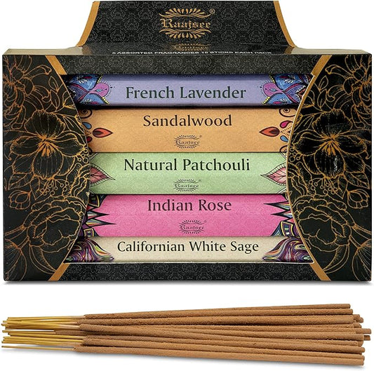 Raajsee Incense Sticks Multipack 15 Sticks x 5 Pack -100% Pure Organic Natural Assorted insense Stick - Hand Rolled Free from Chemicals -Perfect for Church Aromatherapy, Sandalwood,White sage, Rose