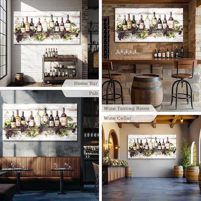 crmotu Still Life Kitchen Wall Art, Wine Bottle Extra Large Artwork, French Country Home Bar Decor Paintings, Modern Home Wall Decor Dining Room Wine Cellar Canvas Art Prints Ready to Hang 30x60inch