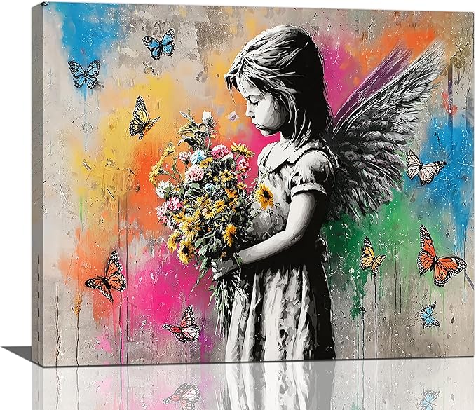 Banksy Wall Art Butterfly Girl Pictures Street Pop Art Graffiti Canvas Wall Decor Vintage Kids Aesthetic Painting Artwork Decorations Framed for Living Room Bedroom Bathroom Kid Room Office 20"x24"