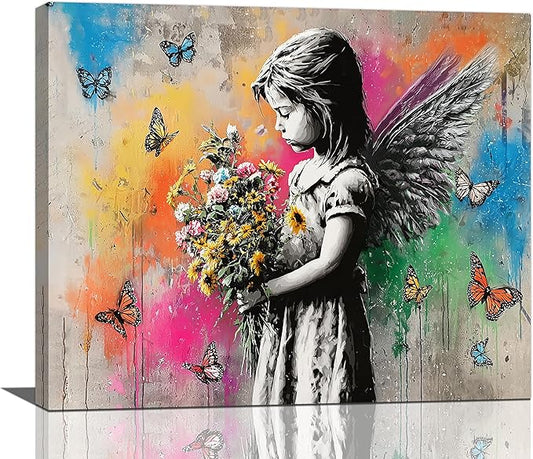 Banksy Wall Art Butterfly Girl Pictures Street Pop Art Graffiti Canvas Wall Decor Vintage Kids Aesthetic Painting Artwork Decorations Framed for Living Room Bedroom Bathroom Kid Room Office 20"x24"