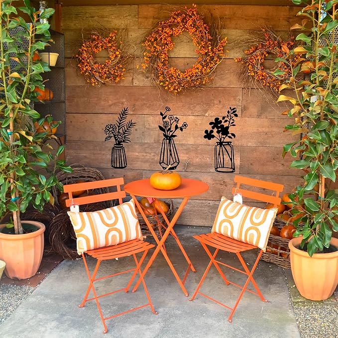 3 Pieces Black Metal Flowers Wall Decor Vase Art Sculptures Hanging for Indoor Kitchen Bathroom Dining Room Patio, 14.56x7.48 Inches