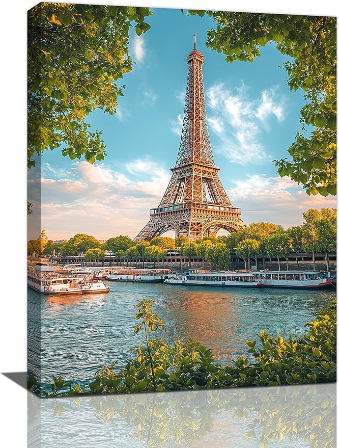 Eiffel Tower Wall Art Paris Eiffel Tower Wall Decor Cityscape Pictures Canvas Painting Framed Artwork Home Decorations for Bathroom Living Room Bedroom Office Kitchen 12"x16"