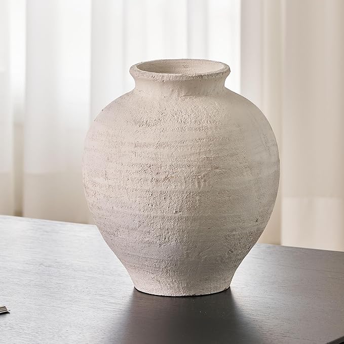 LB2 Large White Ceramic Vase, 11" Tall Zen Style vase, Terra Cotta Pitcher Vase, Distressed Farmhouse Decor, Pottery Decorative Flower for Home Decor (H 11.8" X 11")