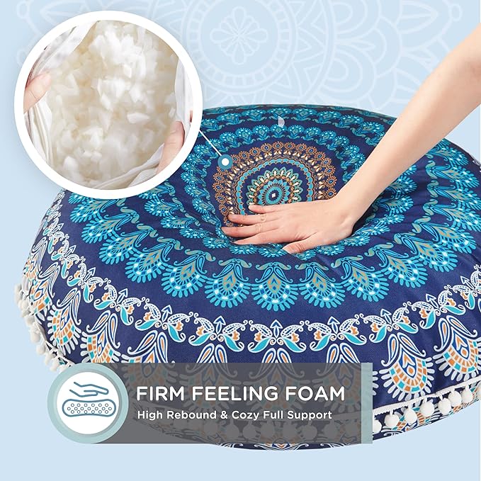 Codi Meditation Floor Pillow Set of 2, Round Large Pillows Seating for Adults, Bohemian Mandala Circle Cushion for Outdoor Fireplace Yoga Living Room, 32 Inch, Memory Foam Added, Navy