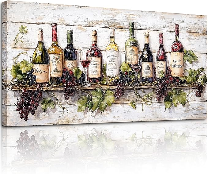 crmotu Wine Bottle Still Life Wall Art, Vintage Kitchen Large Canvas Paintings, Rustic Dining Room Artwork for Walls, Modern Pictures Wall Decor for Home Bar Wine Tasting Room Art Prints 20x40inch