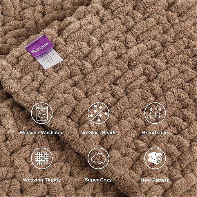Maetoow Handmade 12 lb Soft Knitted Weighted Blanket, 48 x 72 Inch Breathable Chunky Knit Gravity Blanket Throw, Home Decor for Sofa Couch Bed, Brown
