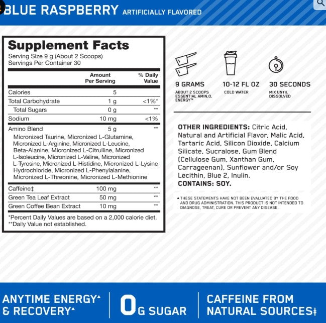 Optimum Nutrition Amino Energy - Pre Workout with Green Tea, BCAA, Amino Acids, Keto Friendly, Green Coffee Extract, Energy Powder - Blue Raspberry, 30 Servings (Packaging May Vary)