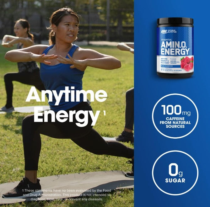 Optimum Nutrition Amino Energy - Pre Workout with Green Tea, BCAA, Amino Acids, Keto Friendly, Green Coffee Extract, Energy Powder - Blue Raspberry, 30 Servings (Packaging May Vary)